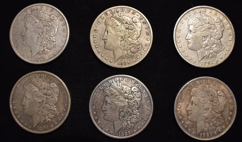 LOT (6) MORGAN SILVER DOLLARS W/1864 2 CENT COPPER