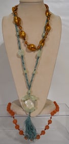 (3) CHINESE/ITALIAN NECKLACES INCL. WHITE JADE MONACLE
