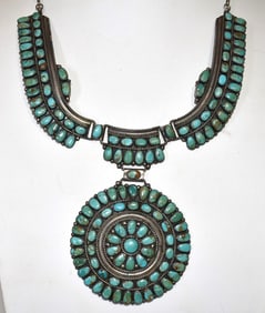 NAVAJO STERLING/TURQUOISE NECKLACE SIGNED J.W., C. 1950