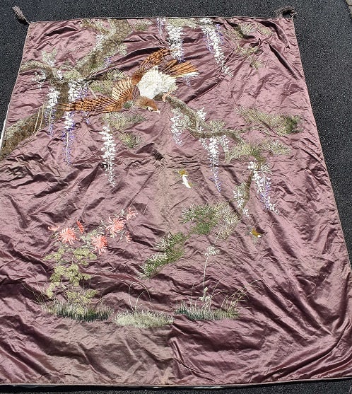 PIANO SHAWL W/EMBROIDERED HAWK, C. 1940/50: PIANO SHAWL W/EMBROIDERED HAWK, C. 1940/50 (POSSIBLY CHINESE) 68" X 84"