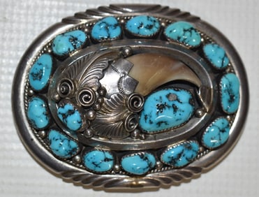 NAVAJO OLD PAWN STERLING/TURQUOISE BUCKLE SIGNED