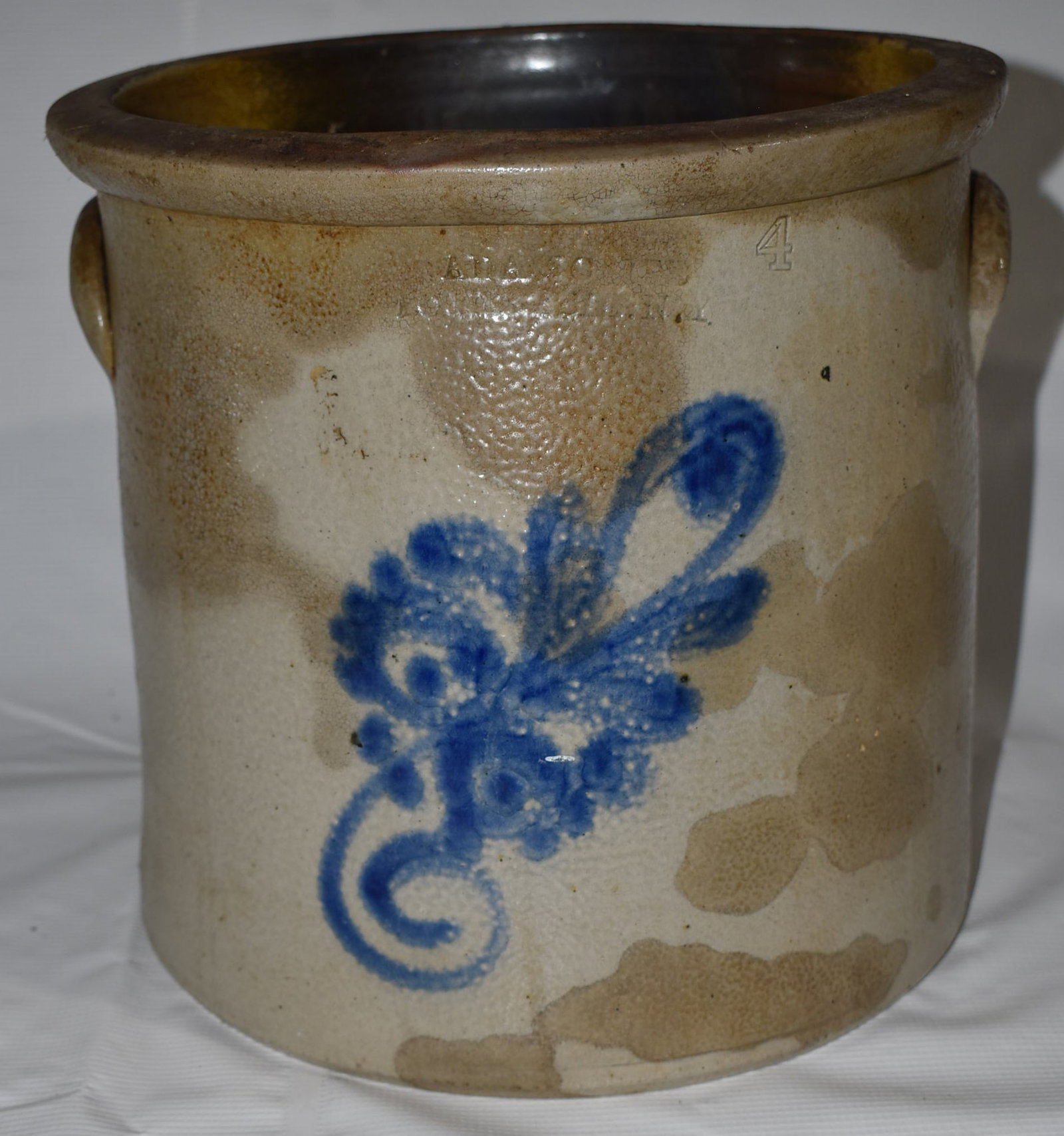ADAM CAIRE 4 GAL. SALT GLAZED STONEWARE CROCK, 19TH C.: ADAM CAIRE 4 GAL. SALT GLAZED STONEWARE CROCK, 19TH C.