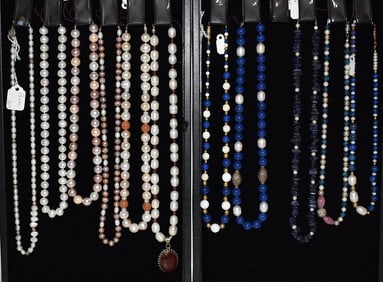 2 TRAYS ASST NECKLACES INCL. LAPIS/PEARL/AMETHYST/STERL