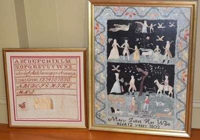 (2) COUNTRY NEEDLEPOINT SAMPLER W/PRINTED SAMPLER