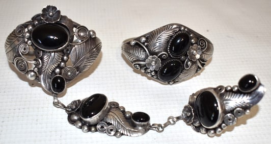 (2) NAVAJO OLD PAWN STERLING/ONYX CUFF BRACELETS SIGNED