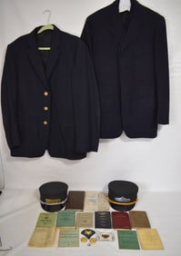 2 ERIE RAILROAD UNIFORMS W/ASST. TICKET STUBS, ASHTRAY+