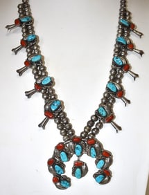 NAVAJO STERLING/TURQUOISE SQUASH BLOSSOM NECKLACE