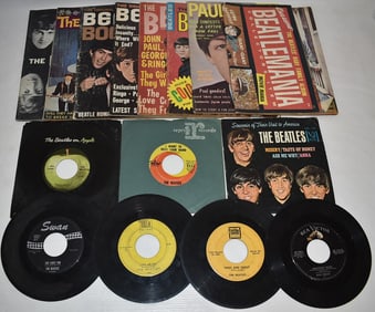 LOT ASSORTED EARLY BEATLES MAGAZINES/POSTERS/RECORDS