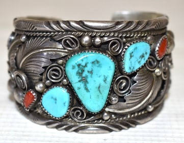 NAVAJO OLD PAWN STERLING/TURQUOISE CUFF BRACELET SIGNED