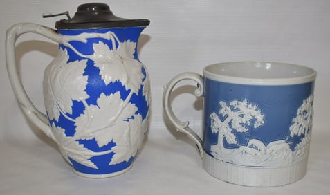 2 ENGLISH STAFFORDSHIRE/JASPER WARE SOUP MUG, PITCHER