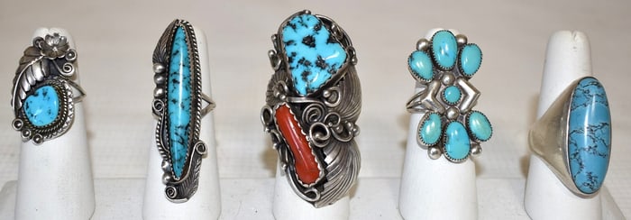 (5) SOUTHWEST AMERICAN INDIAN STERLING/TURQUOISE RINGS