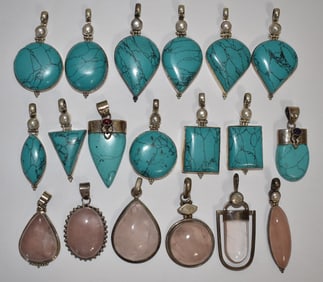 LOT ASST. STERLING MOUNTED TURQUOISE/QUARTZ PENDANTS