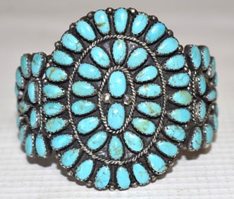 NAVAJO OLD PAWN STERLING/TURQUOISE BRACELET SIGNED LMB