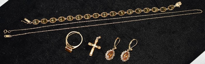 LOT 14KT YW GOLD/CITRINE NECKLACE, BRACELET, RING +