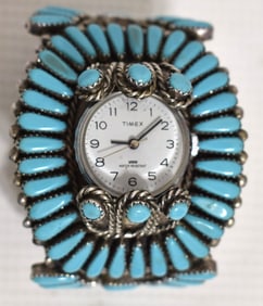 NAVAJO OLD PAWN STERLING/TURQUOISE WATCH BAND, C. 1950