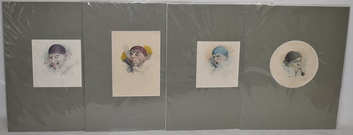 SET (4) H/C ETCHINGS VIEW OF PIERROT SIGNED ARM HENRION