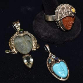 (3) MEXICAN SILVER SEMI PRECIOUS STONE RING/PENDANTS