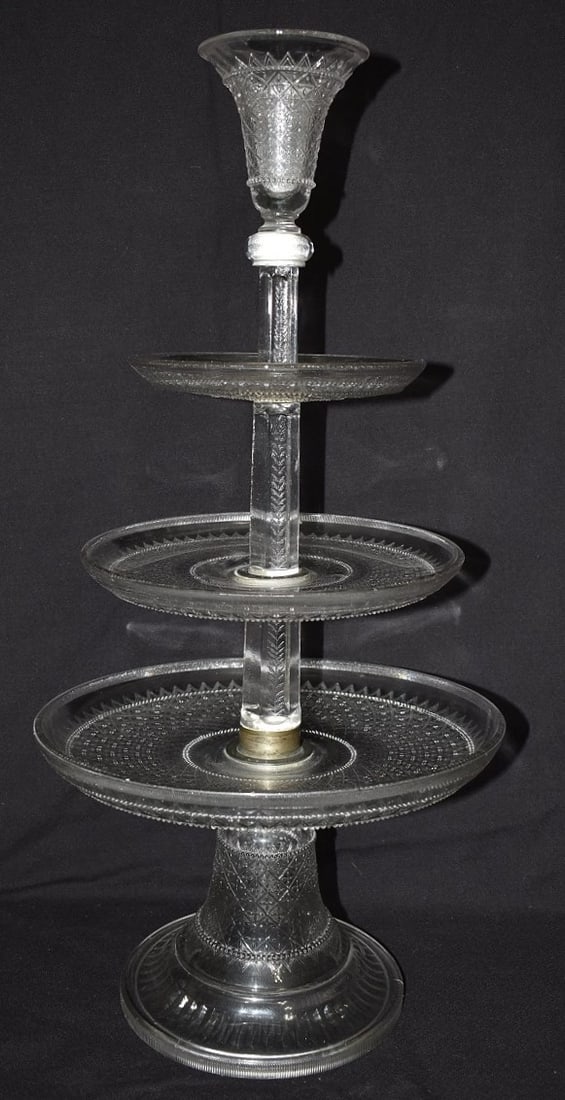 EARLY PATTERN/SANDWICH GLASS 3 TIER EPERGNE, 19TH C. (1 of 5)
