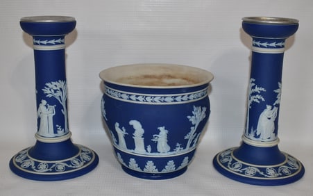 LOT (3) WEDGWOOD PORCELAIN CANDLESTICKS/CENTER BOWL