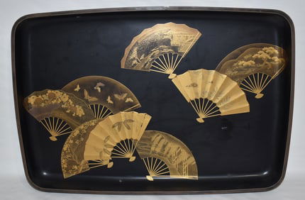 EXCEPTIONAL JAPANESE GOLD LACQUERED FAN TRAY SIGNED
