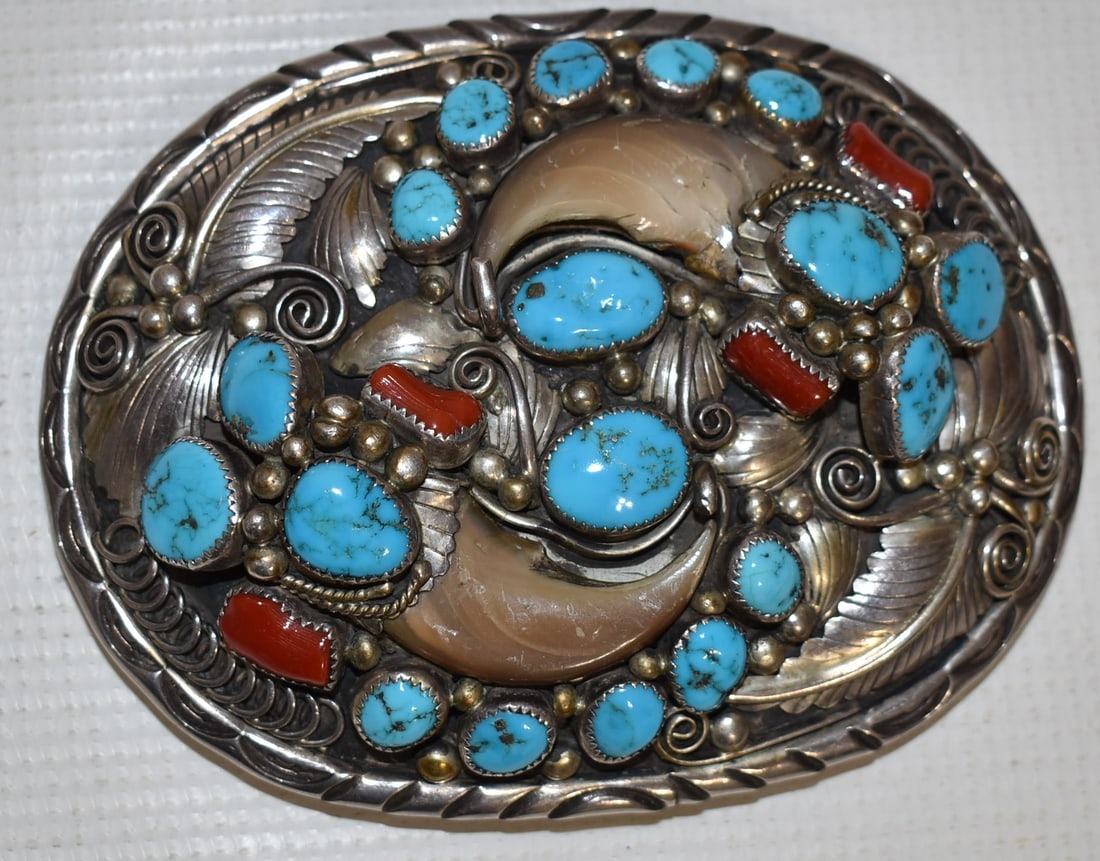 HUGE NAVAJO OLD PAWN STERLING BELT BUCKLE SIGNED HB: HUGE NAVAJO OLD PAWN STERLING BELT BUCKLE SIGNED HB, C. 1940/50, 3 3/4" X 5", W. 6.7 OZ.