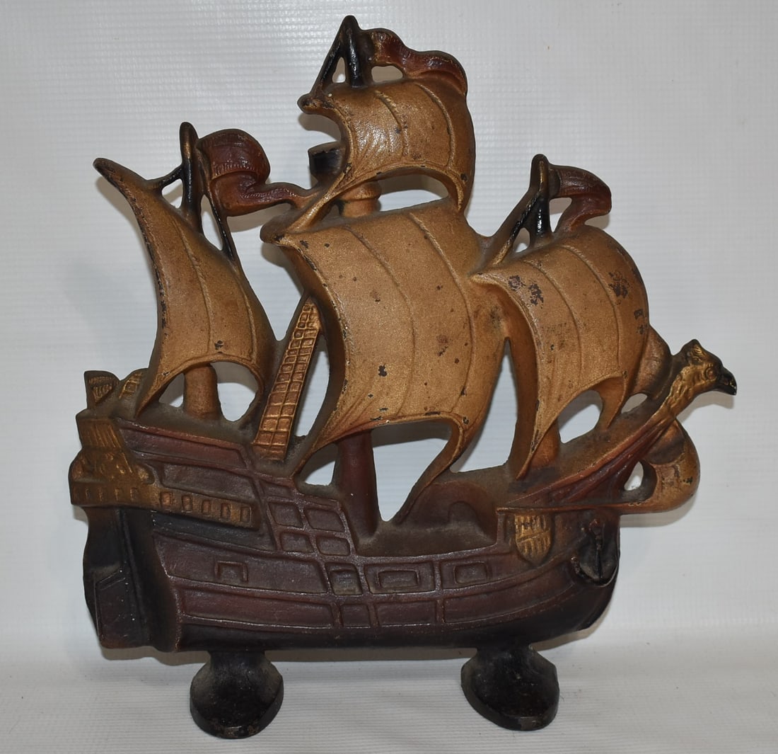 COPYRIGHTED CREATION PAINTED SHIP DOORSTOP, C. 1930: COPYRIGHTED CREATION PAINTED SHIP DOORSTOP, C. 1930, H. 12"