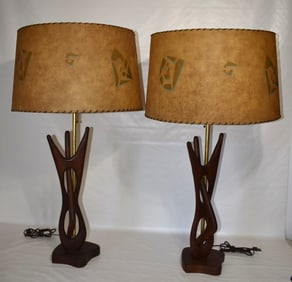 PR MCM WALNUT TABLE LAMPS W/DECO CALFSKIN STYLE SHADES