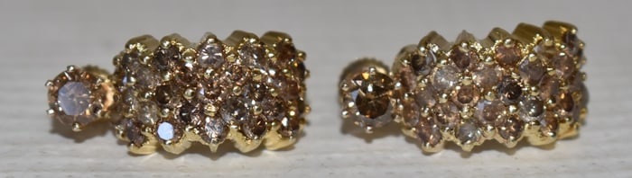 PAIR DECO STYLE 14KT YW GOLD/CHAMPAGNE DIAMOND EARRINGS