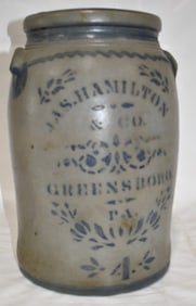 4 GAL. SALT GLAZED STONEWARE CROCK JAS HAMILTON