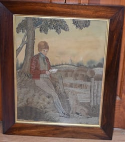 FOLK ART STUMP WORK SCENIC LANDSCAPE W/BOY & DOG