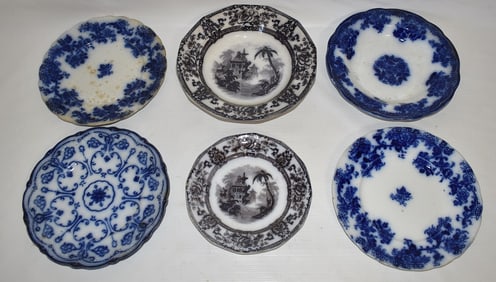 (6) FLOW BLUE & MULBERRY DINNER PLATES/BOWLS, 19TH C.