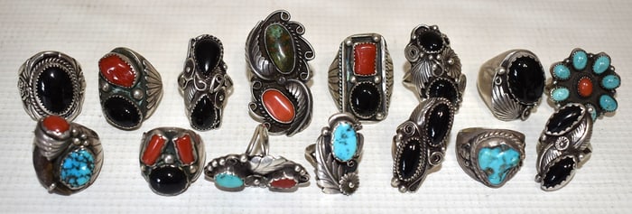 (15) SOUTHWEST AMERICAN INDIAN STERLING/TURQUOISE RINGS