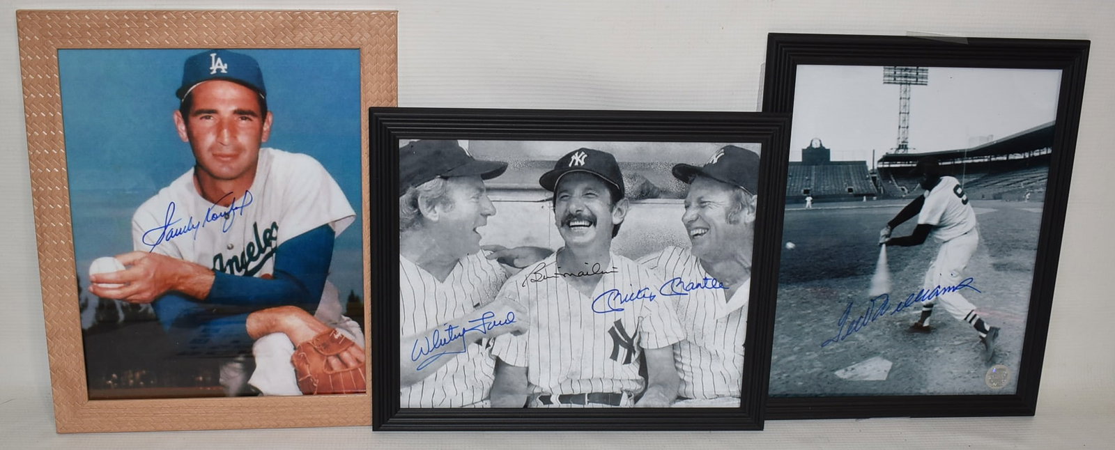 3 AUTOGRAPHED PHOTOS WILLIAMS/KOUFAX/FORD/MARTIN/MANTLE: LOT (3) AUTOGRAPHED PHOTOS TED WILLIAMS, SANDY KOUFAX, WHITEY FORD/BILLY MARTIN/MICKEY MANTLE W/COA'S, 8" X 10"