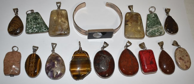 BAG LOT STERLING PENDANTS W/HARDSTONE, SILVER BRACELET+