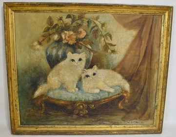 O/C PERSIAN WHITE CATS SIGNED MRS. S. FLETCHER, 19TH C.
