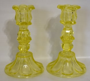 PR. SANDWICH CANARY FLINT GLASS CANDLESTICKS PETAL/LOOP