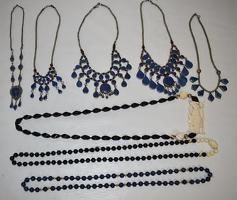 LOT (6) PERSIAN LAPIS/SILVER NECKLACES, C. 1950