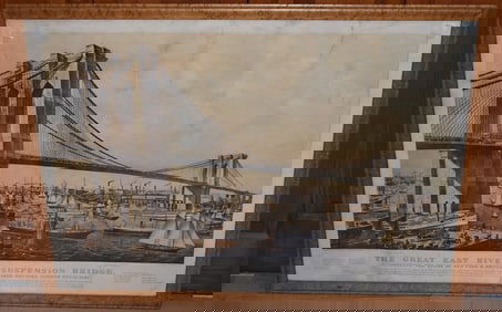 LITHOGRAPH BROOKLYN BRIDGE SIGNED CURRIER & IVES 1877