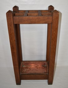 MISSION OAK CANE/UMBRELLA STAND W/COPPER TRAY, C. 1910