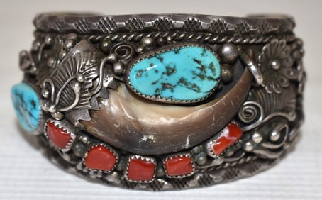 NAVAJO OLD PAWN STERLING/TURQUOISE CUFF BRACELET SIGNED