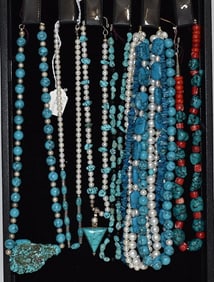 LOT ASST TURQUOISE/PEARL/RED CORAL & STERLING NECKLACES