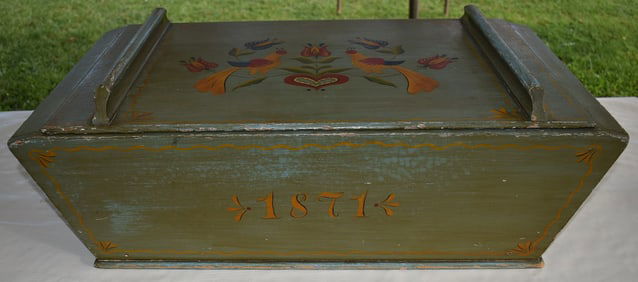 PENN. PAINT DECORATED PINE DOUGH BOX, 19TH C.