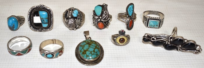 (11) SOUTHWEST AMERICAN INDIAN STERLING/TURQUOISE RINGS