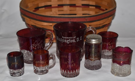 LOT (8) ASSORTED SOUVENIR RUBY ETCHED GLASSES