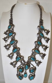 NAVAJO OLD PAWN STERL./TURQ. SQUASH BLOSSOM NECKLACE