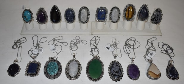 (19) SW STYLE GERMAN SILVER/HARDSTONE PENDANTS/RINGS