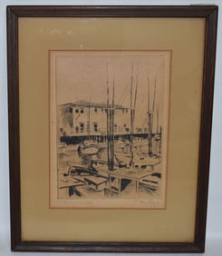 ETCHING FISHERMAN'S WHARF SIGNED RAY PAYNE (LISTED), C. 1930, 7" X 5"