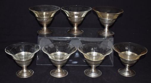 7 ART DECO STERLING/GLASS SHERBERTS, C. 1920/30 (CASED)
