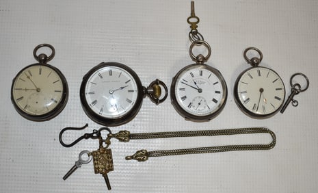 4 EARLY COIN SILVER POCKET WATCHES INCL. ELLICOT FUSEE+