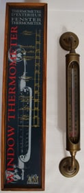 BRASS WINDOW THERMOMETER IN BOX, 20TH C.,  H. 15 1/2